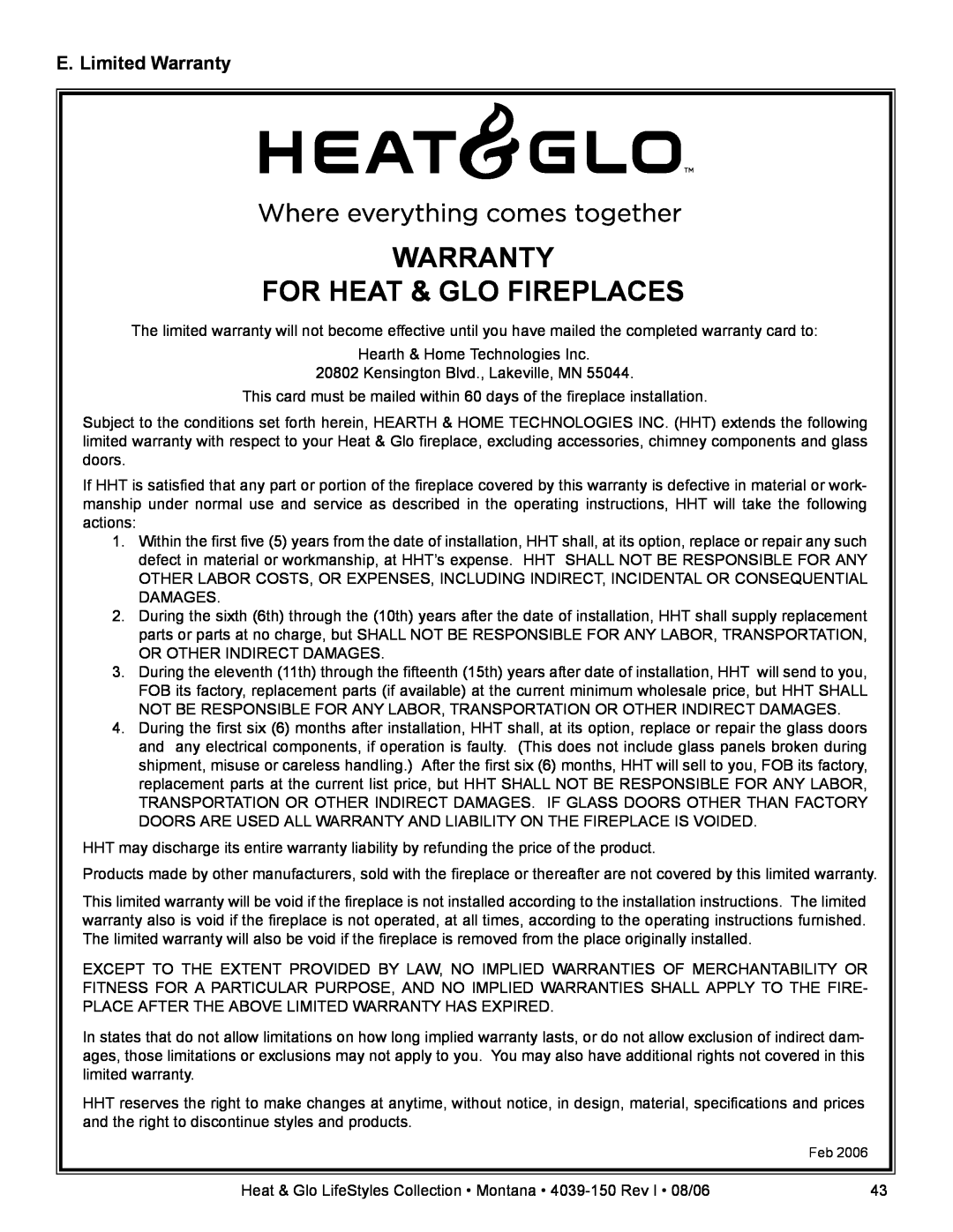 Heat & Glo LifeStyle Montana-36, Montana-42 owner manual Warranty For Heat & Glo Fireplaces, E. Limited Warranty 