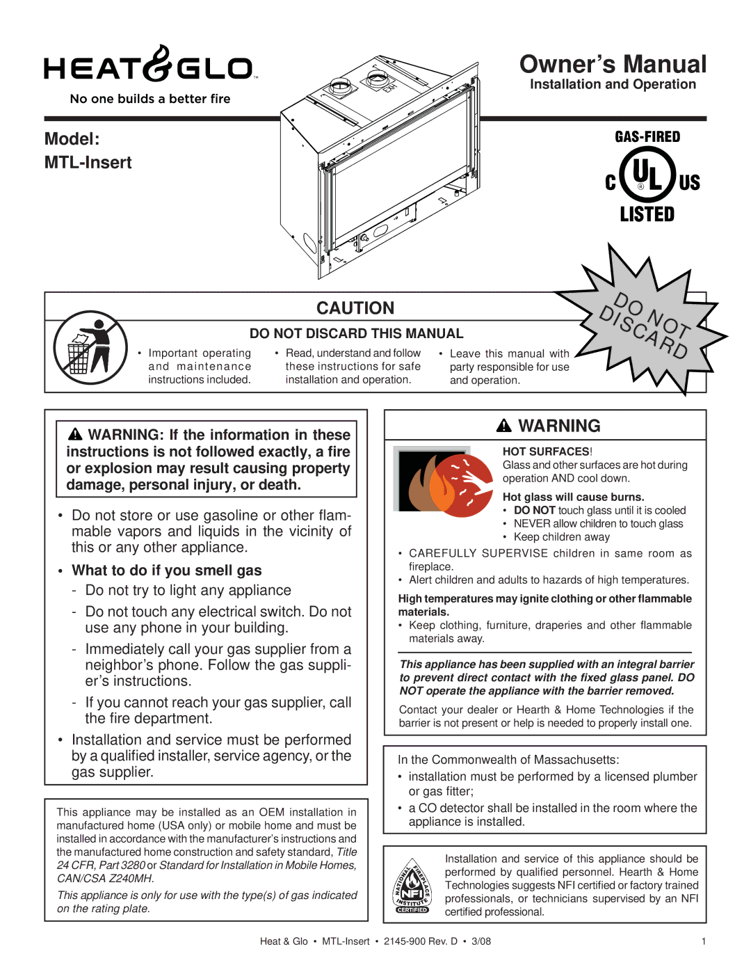 Heat & Glo LifeStyle MTL-INSERT owner manual Model MTL-Insert, What to do if you smell gas, HOT Surfaces 