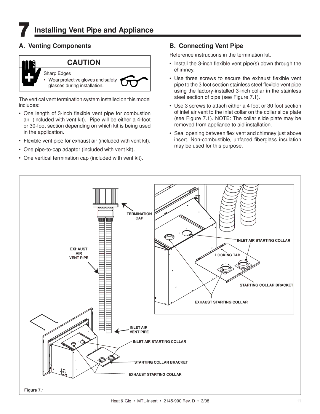 Heat & Glo LifeStyle MTL-INSERT owner manual Installing Vent Pipe and Appliance, Venting Components, Connecting Vent Pipe 