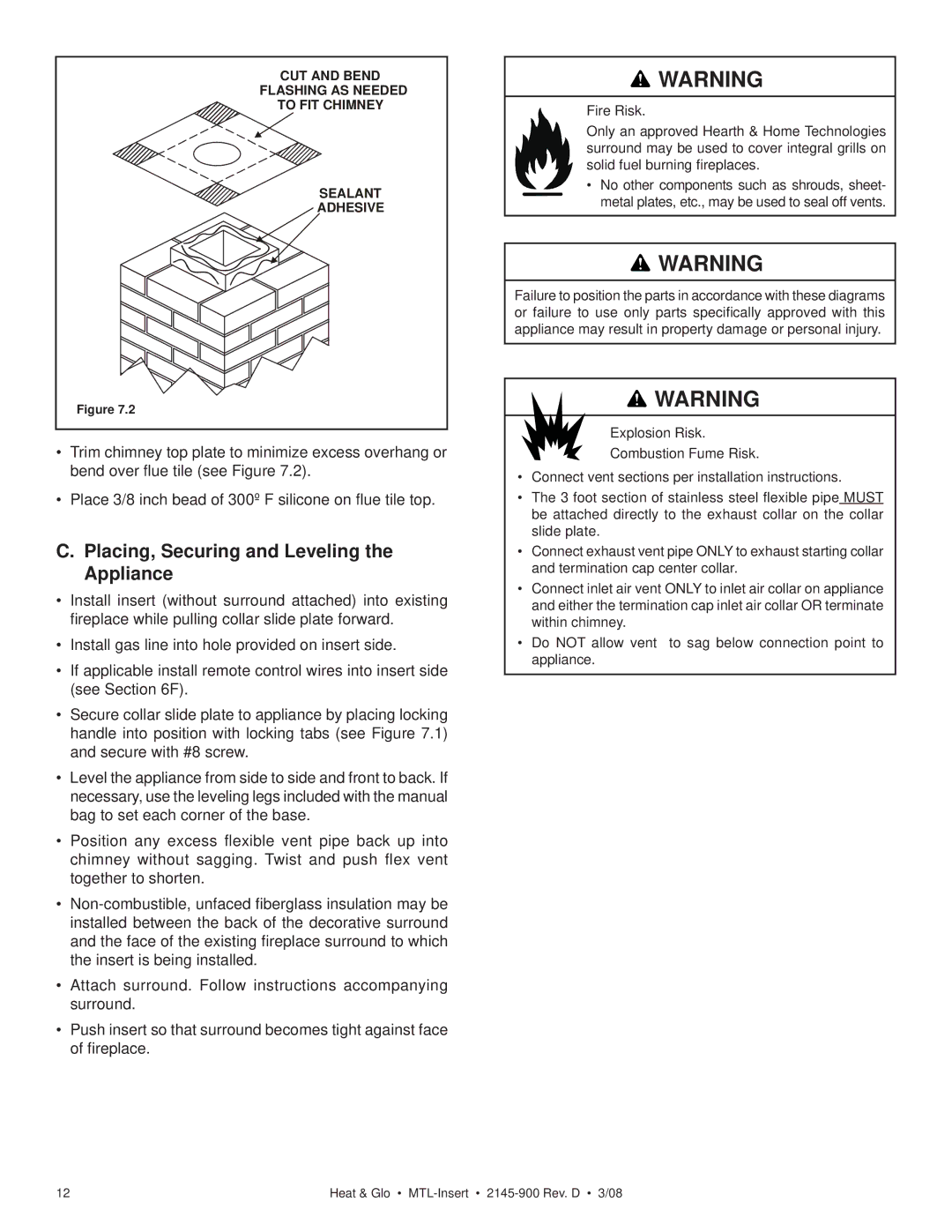 Heat & Glo LifeStyle MTL-INSERT owner manual Placing, Securing and Leveling the Appliance 