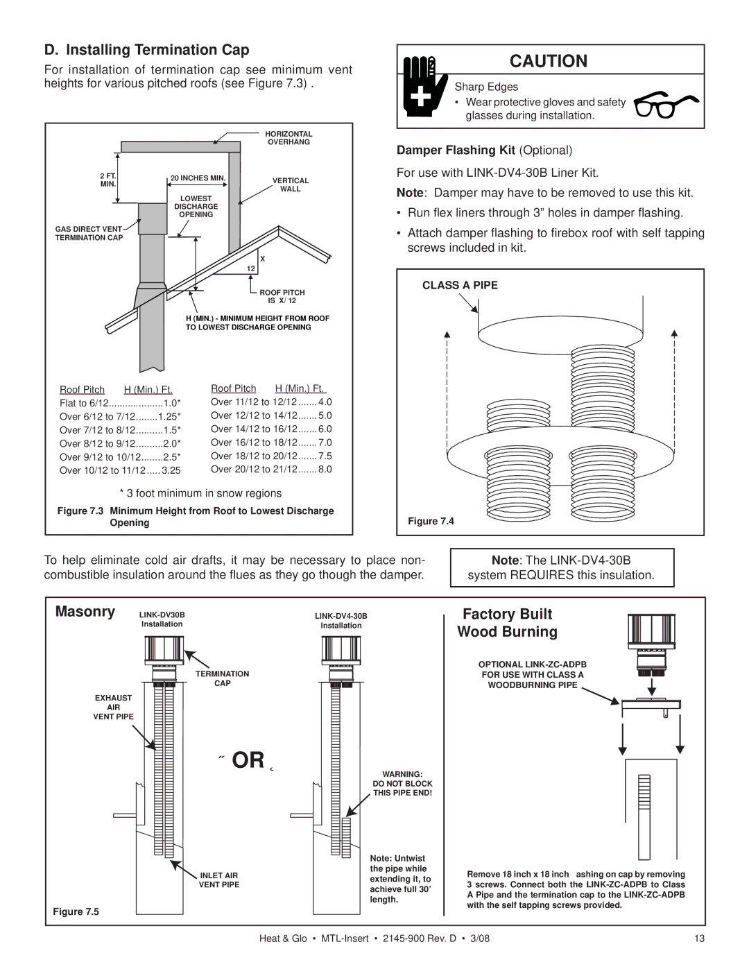 Heat & Glo LifeStyle MTL-INSERT Installing Termination Cap, Factory Built Wood Burning, Damper Flashing Kit Optional 