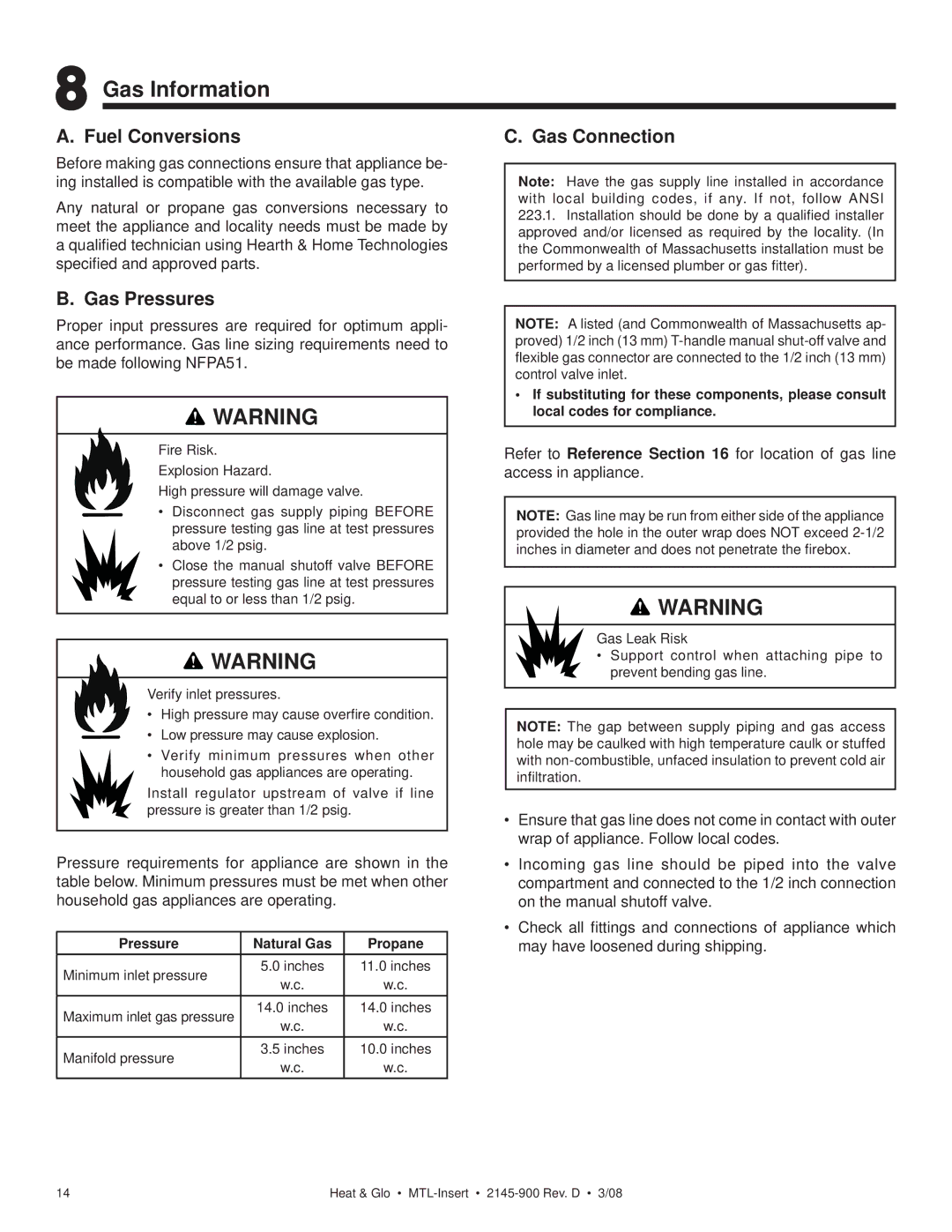 Heat & Glo LifeStyle MTL-INSERT owner manual Gas Information, Fuel Conversions Gas Connection, Gas Pressures 