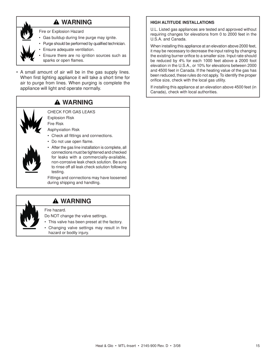 Heat & Glo LifeStyle MTL-INSERT owner manual Check for GAS Leaks, High Altitude Installations 