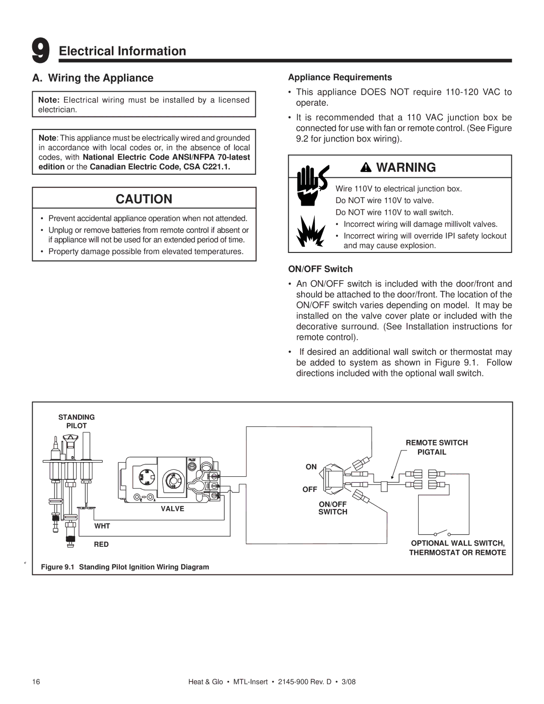 Heat & Glo LifeStyle MTL-INSERT Electrical Information, Wiring the Appliance, Appliance Requirements, ON/OFF Switch 