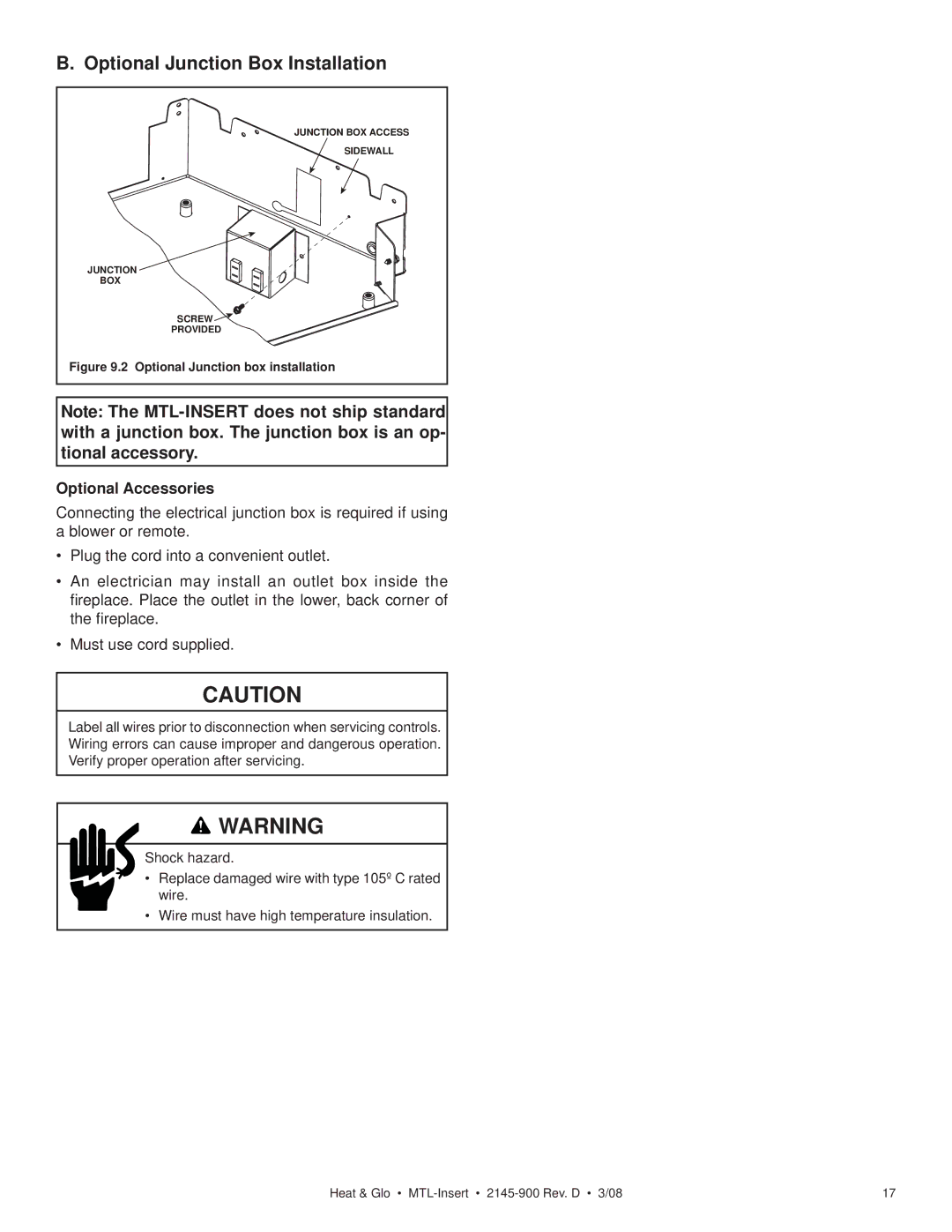 Heat & Glo LifeStyle MTL-INSERT owner manual Optional Junction Box Installation, Optional Accessories 