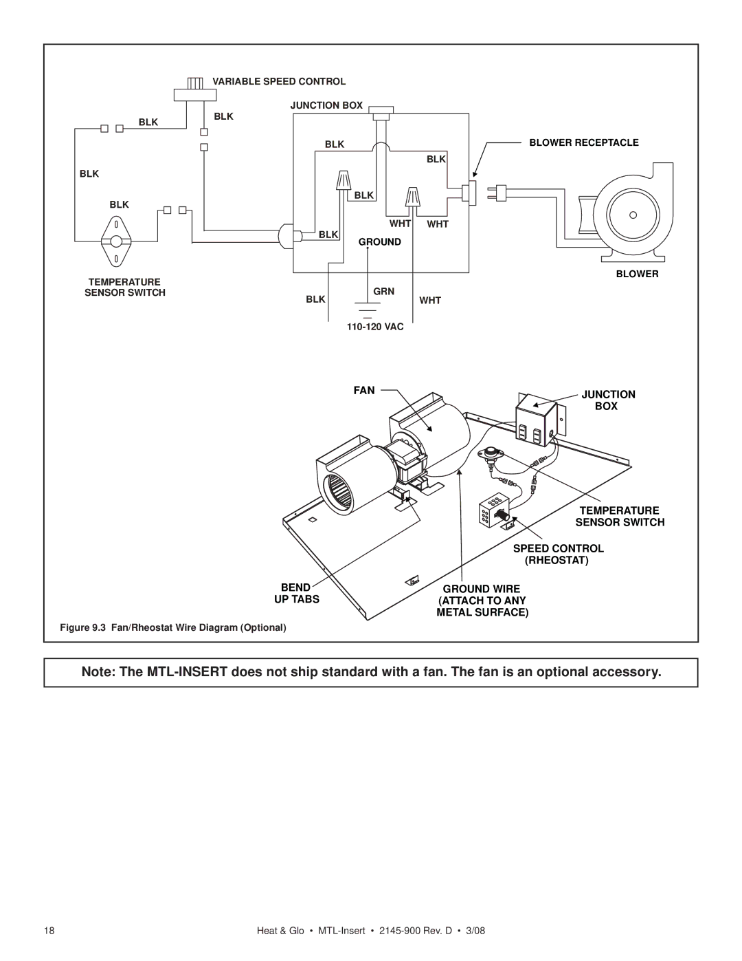 Heat & Glo LifeStyle MTL-INSERT owner manual Variable Speed Control Junction BOX BLK 