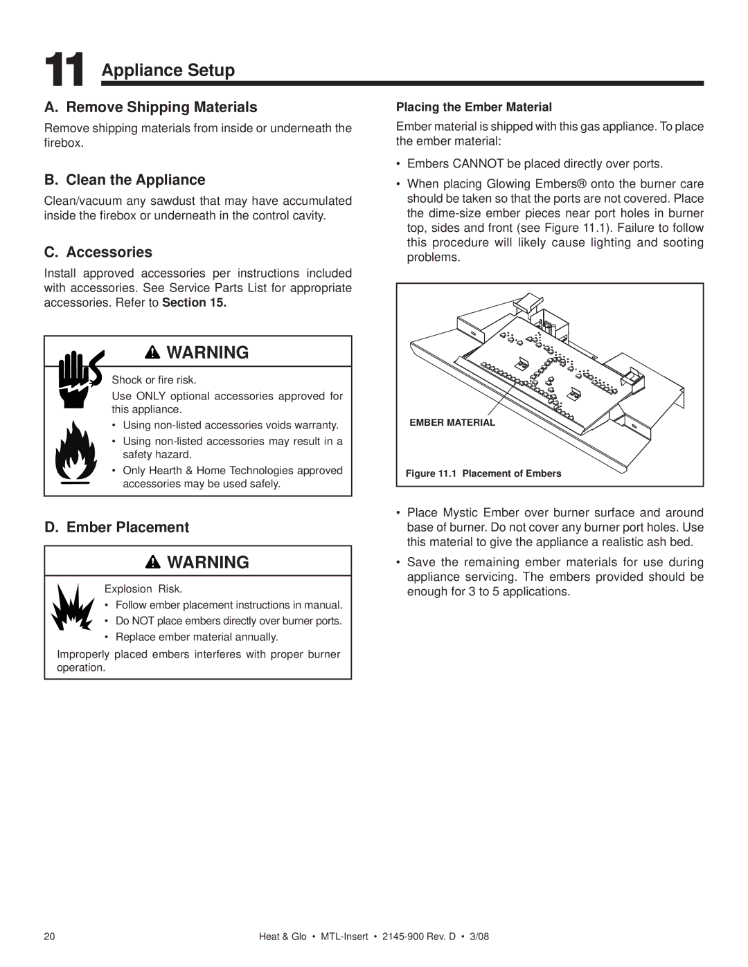 Heat & Glo LifeStyle MTL-INSERT owner manual Appliance Setup, Remove Shipping Materials, Clean the Appliance, Accessories 