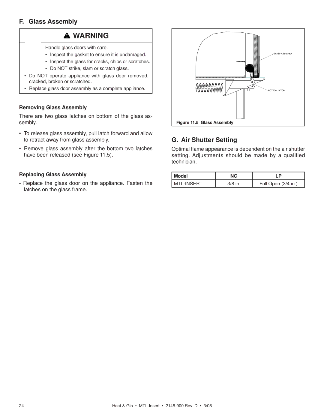 Heat & Glo LifeStyle MTL-INSERT Air Shutter Setting, Removing Glass Assembly, Replacing Glass Assembly, Mtl-Insert 