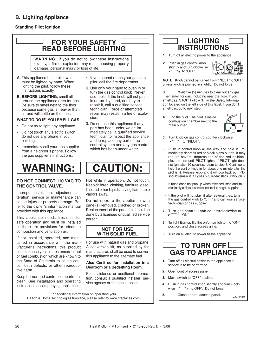 Heat & Glo LifeStyle MTL-INSERT owner manual Lighting Appliance, Standing Pilot Ignition, What to do if YOU Smell GAS 