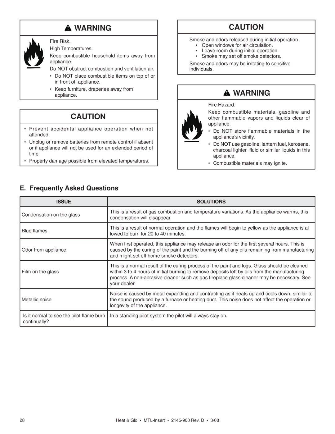 Heat & Glo LifeStyle MTL-INSERT owner manual Frequently Asked Questions, Issue Solutions 