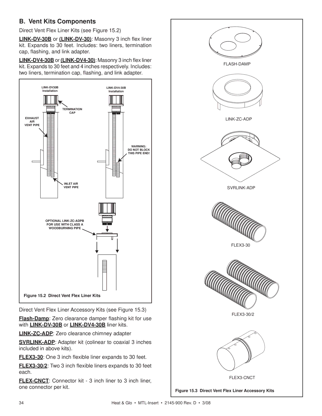 Heat & Glo LifeStyle MTL-INSERT owner manual Vent Kits Components, Direct Vent Flex Liner Kits 