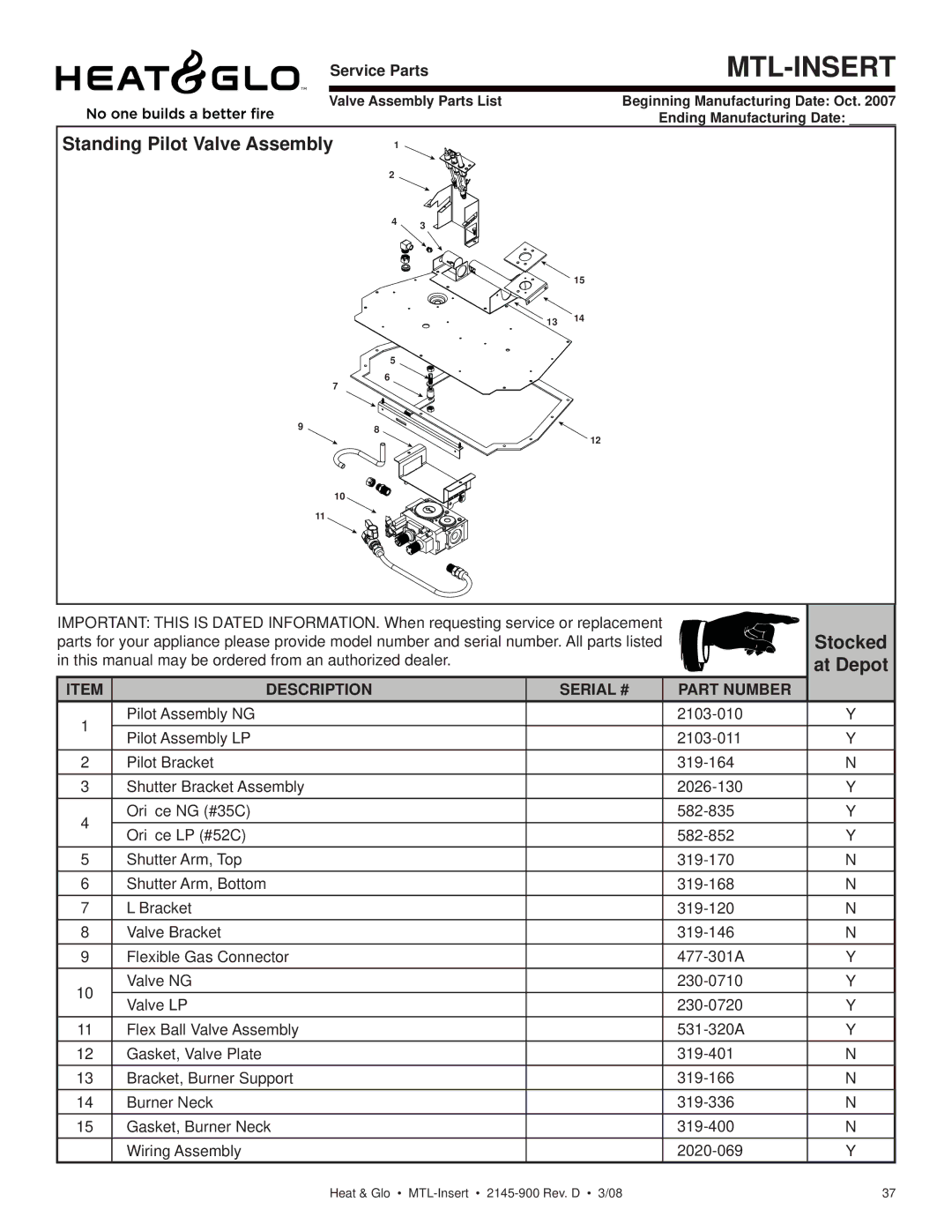 Heat & Glo LifeStyle MTL-INSERT owner manual Standing Pilot Valve Assembly 