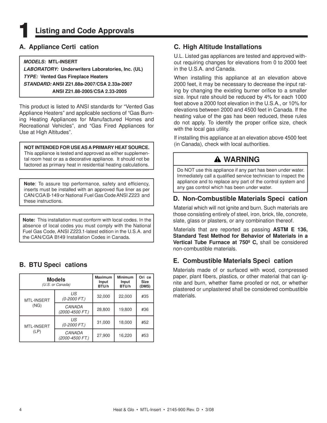 Heat & Glo LifeStyle MTL-INSERT owner manual Listing and Code Approvals 