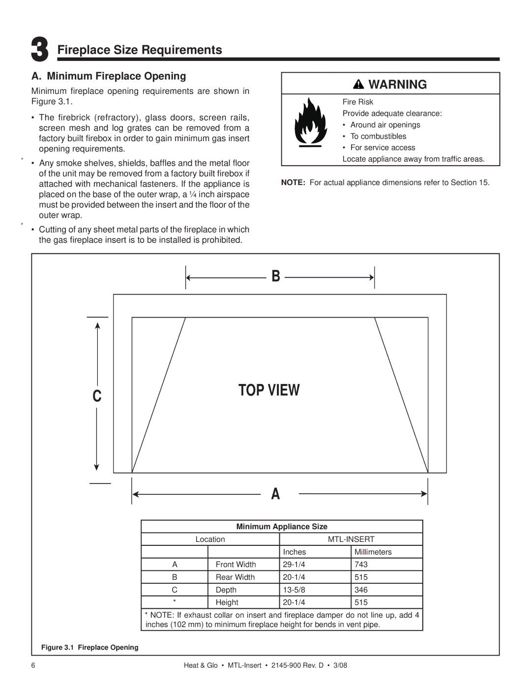 Heat & Glo LifeStyle MTL-INSERT owner manual Fireplace Size Requirements, Minimum Fireplace Opening 