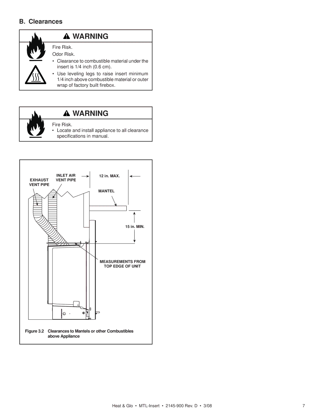 Heat & Glo LifeStyle MTL-INSERT owner manual Clearances to Mantels or other Combustibles above Appliance 