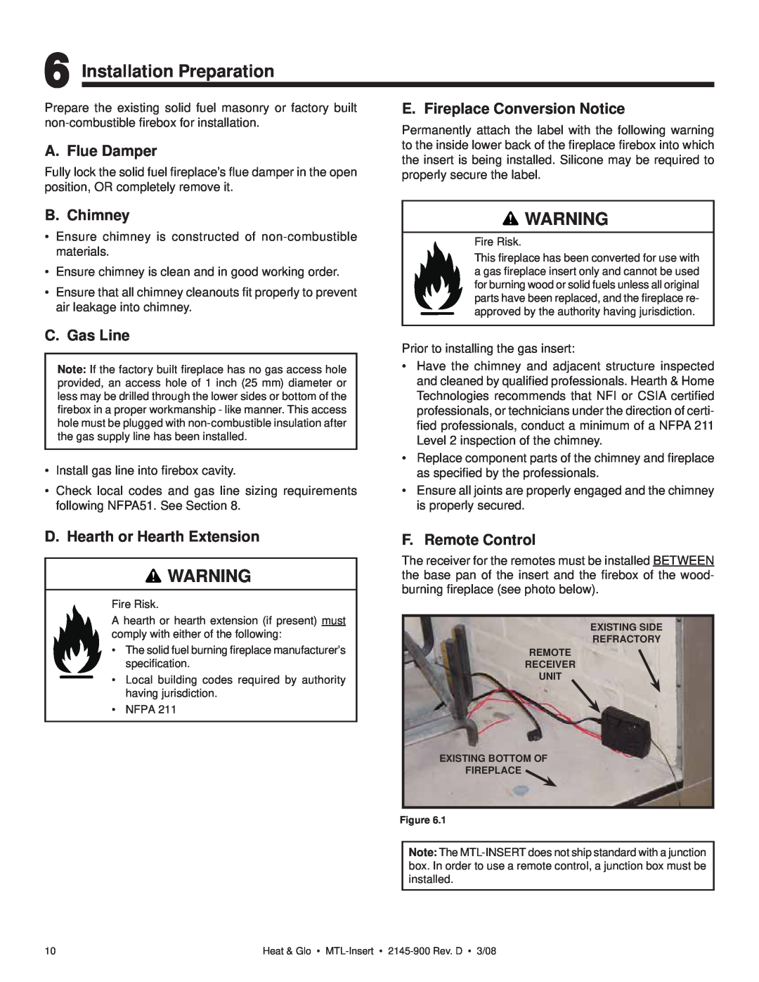 Heat & Glo LifeStyle MTL-INSERT Installation Preparation, A. Flue Damper, E. Fireplace Conversion Notice, B. Chimney 