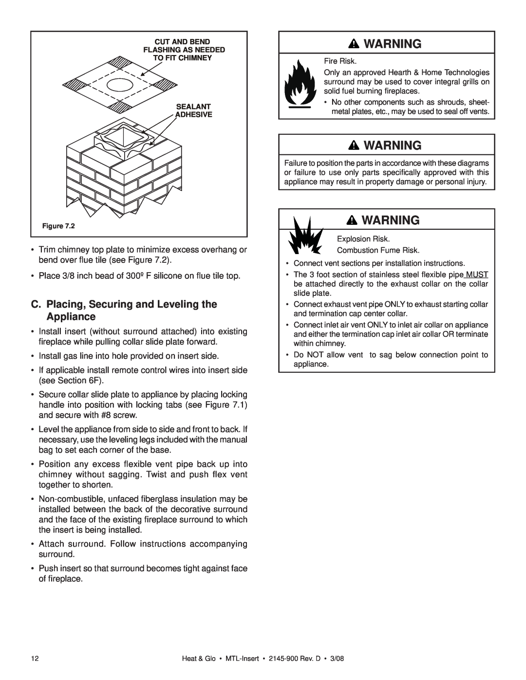 Heat & Glo LifeStyle MTL-INSERT owner manual C.Placing, Securing and Leveling the Appliance 