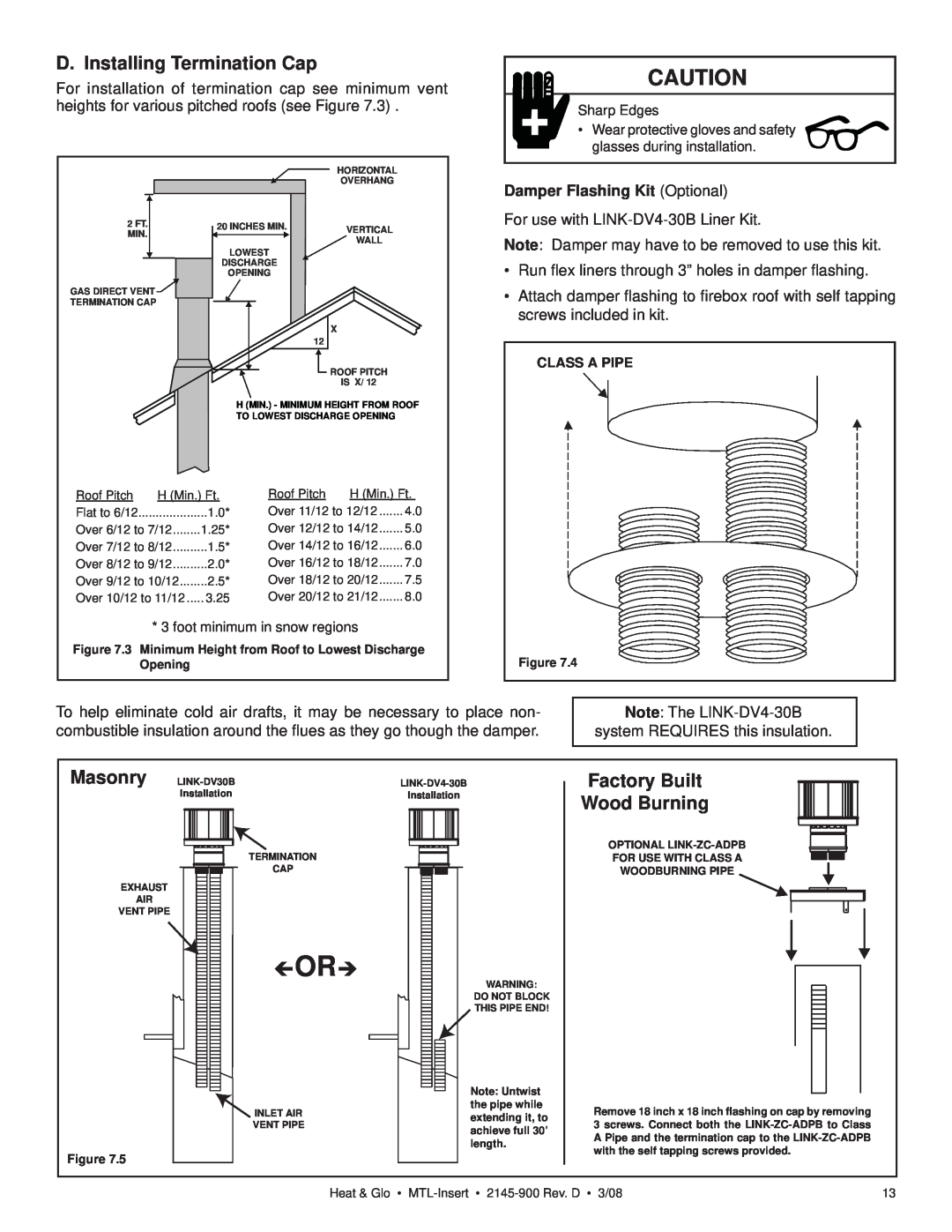 Heat & Glo LifeStyle MTL-INSERT owner manual D. Installing Termination Cap, Factory Built Wood Burning, Íorî 