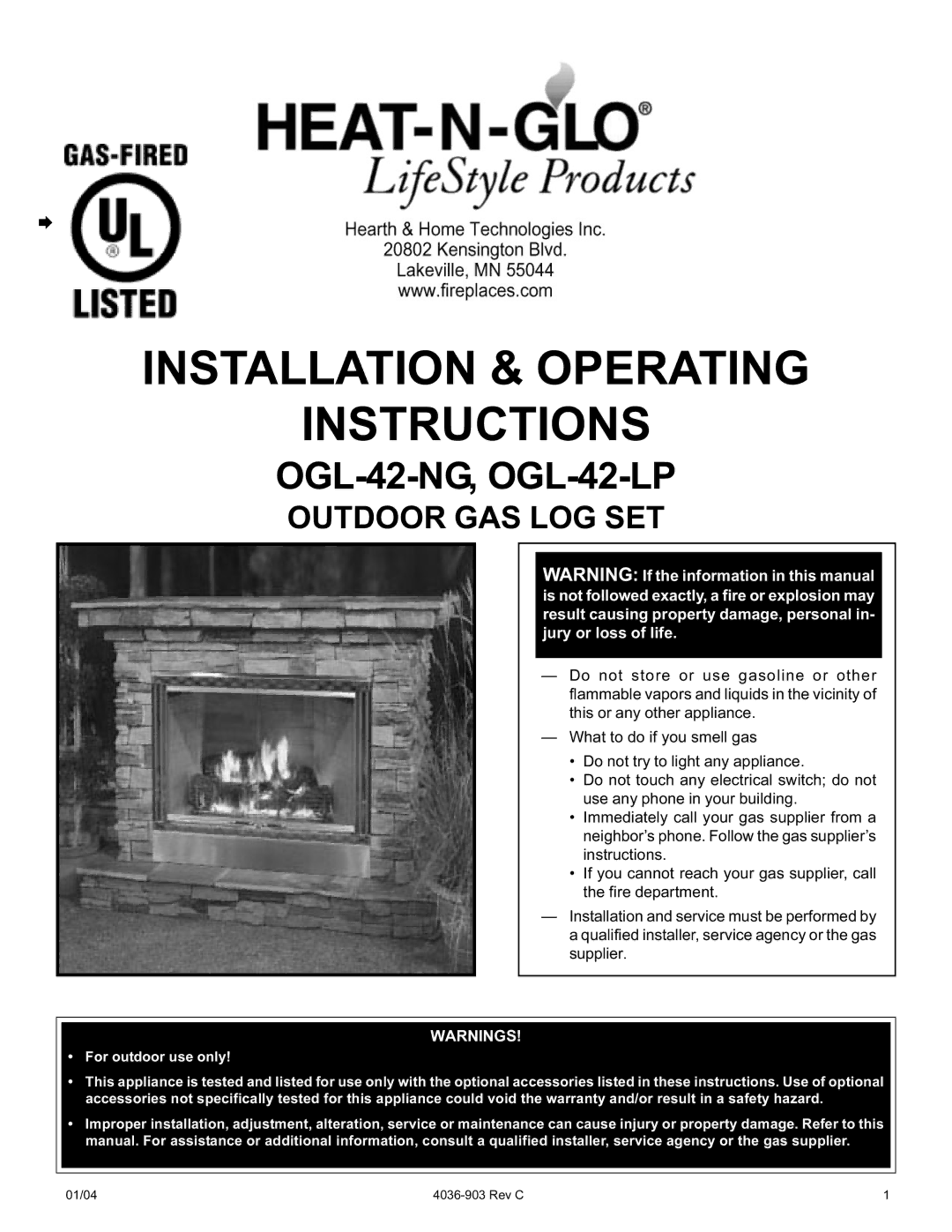 Heat & Glo LifeStyle OGL-42-LP, OGL-42-NG operating instructions Installation & Operating Instructions 