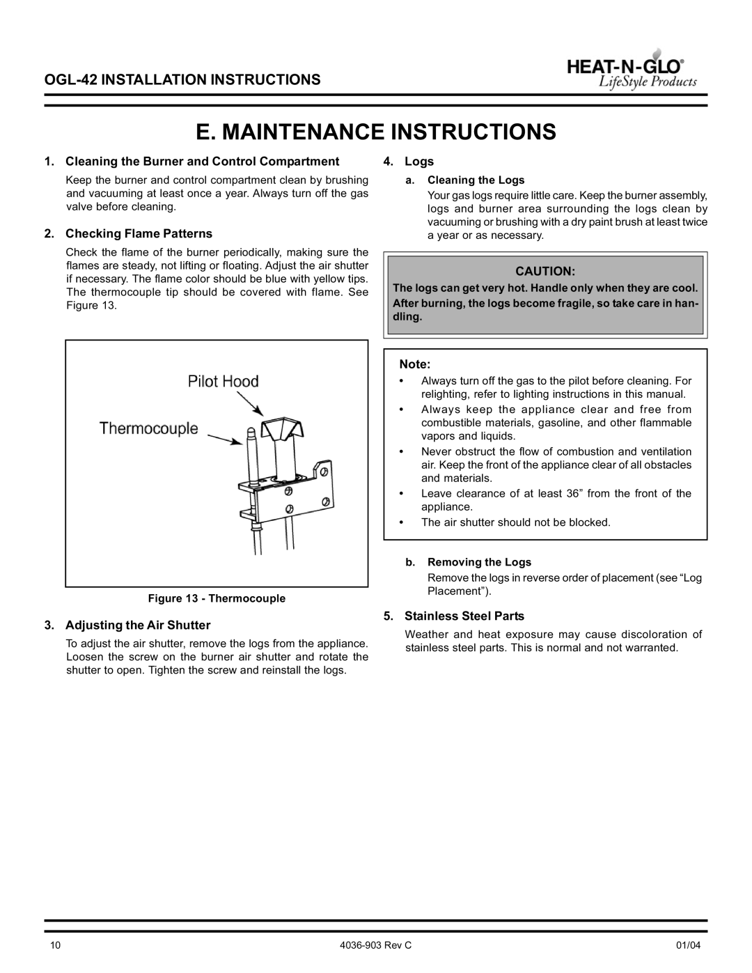 Heat & Glo LifeStyle OGL-42-LP, OGL-42-NG operating instructions Maintenance Instructions 