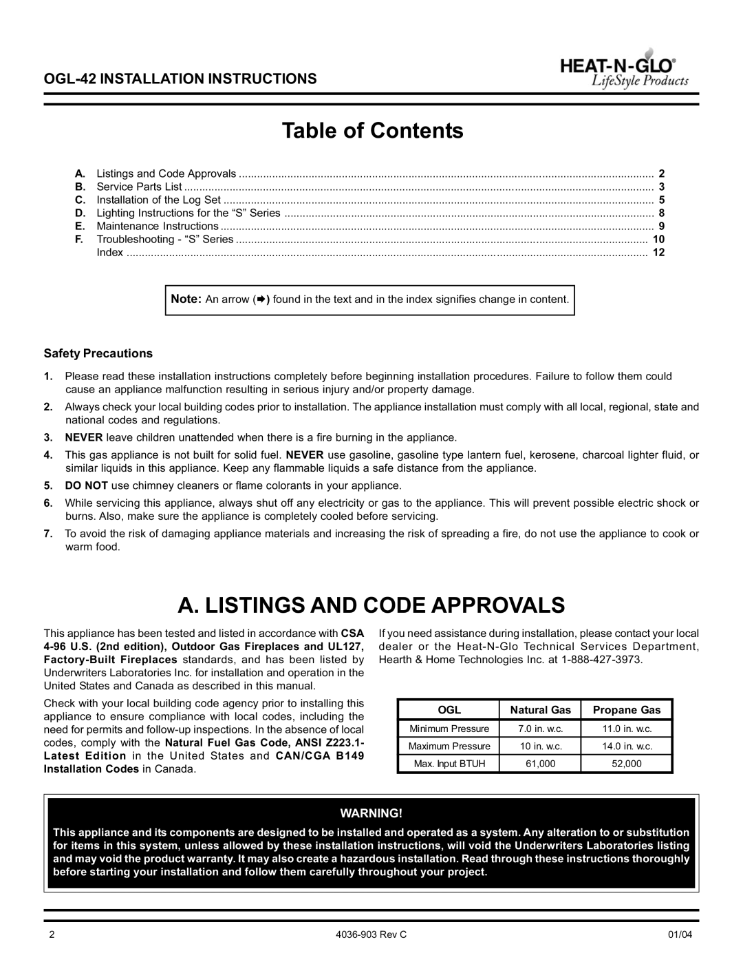 Heat & Glo LifeStyle OGL-42-NG, OGL-42-LP operating instructions Table of Contents, Listings and Code Approvals 