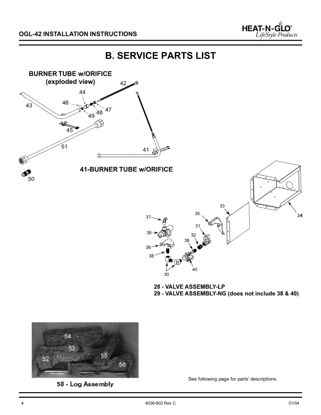 Heat & Glo LifeStyle OGL-42-LP, OGL-42-NG operating instructions Service Parts List 