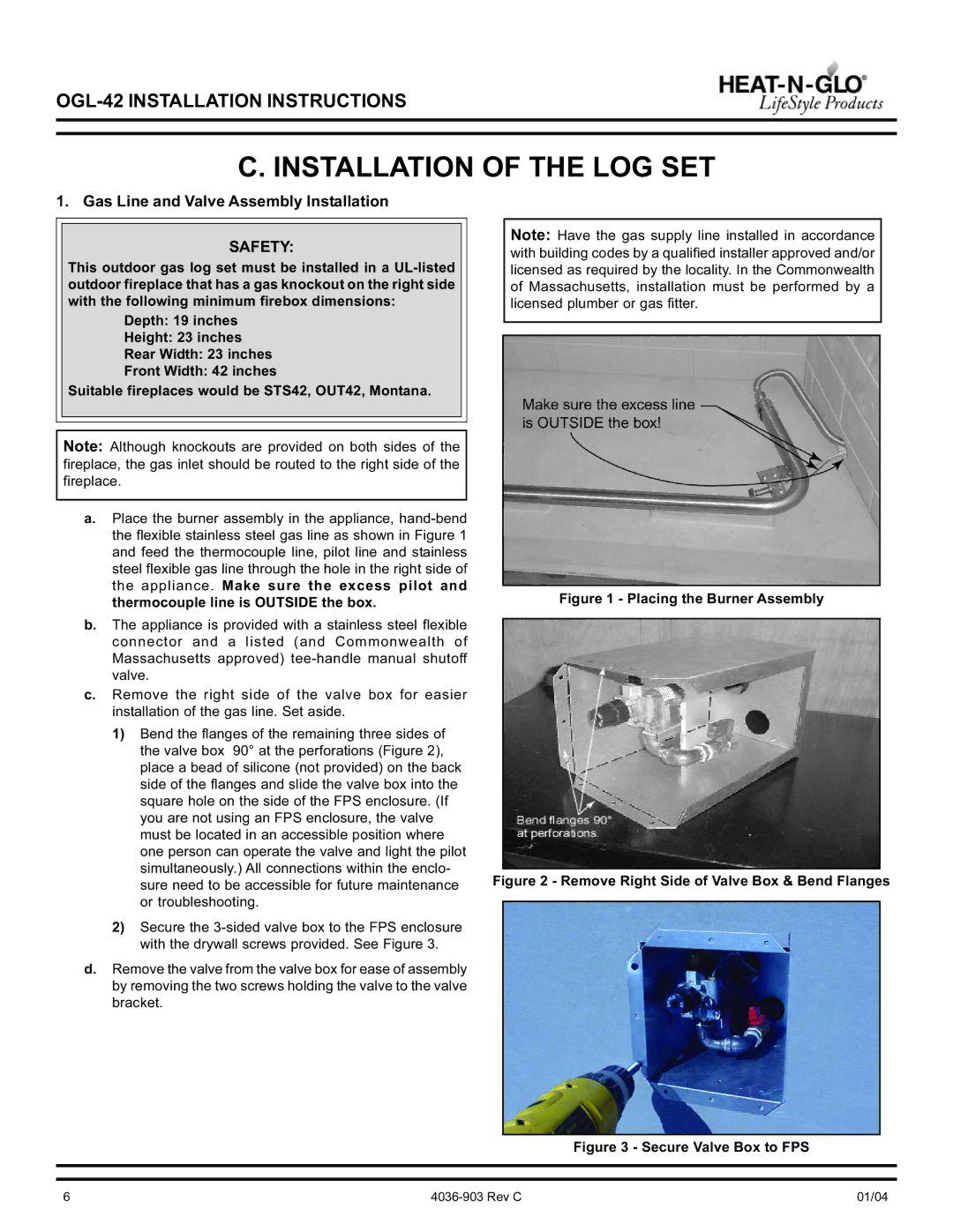 Heat & Glo LifeStyle OGL-42-NG, OGL-42-LP Installation of the LOG SET, Gas Line and Valve Assembly Installation 