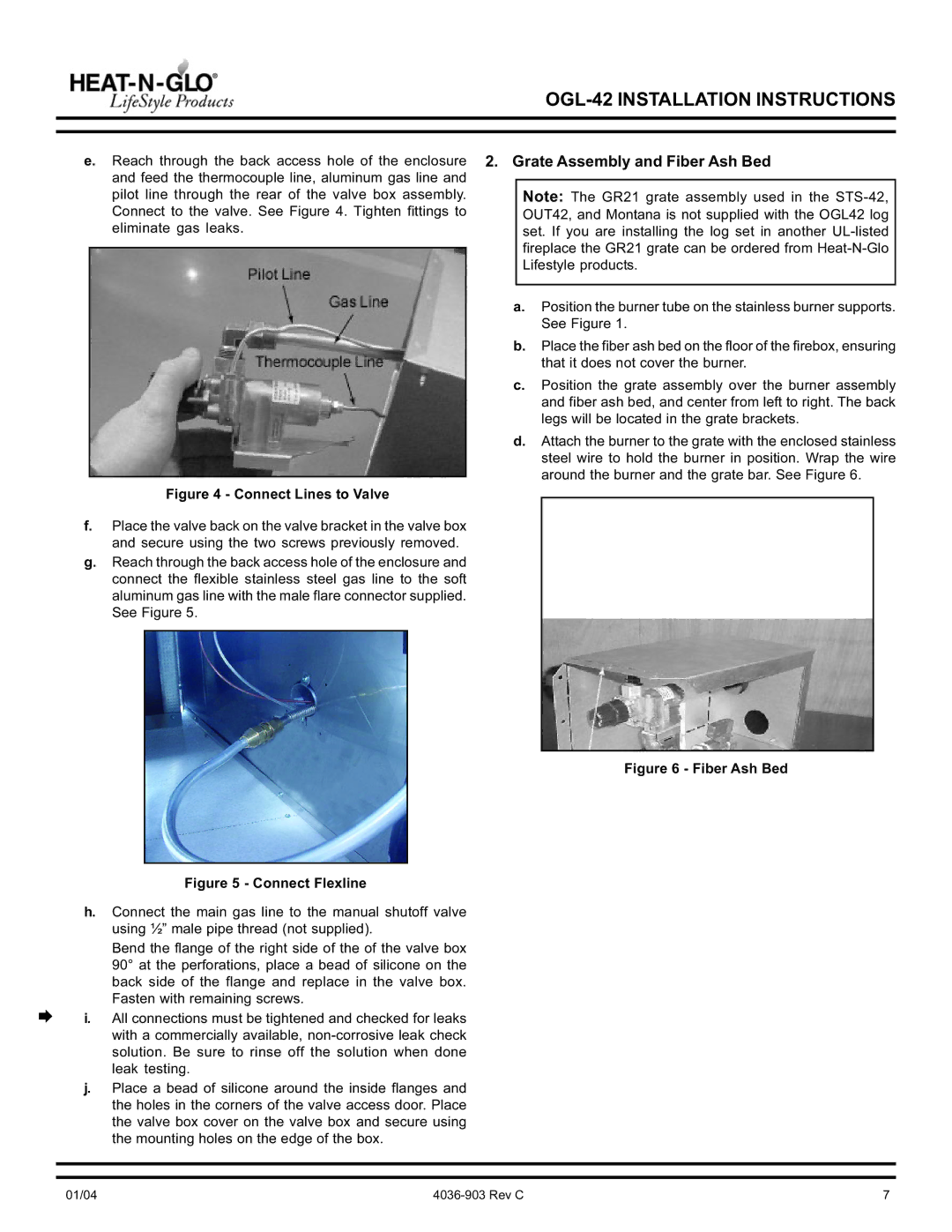 Heat & Glo LifeStyle OGL-42-LP, OGL-42-NG operating instructions Grate Assembly and Fiber Ash Bed, Connect Lines to Valve 