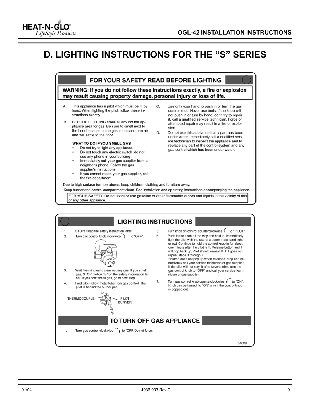 Heat & Glo LifeStyle OGL-42-NG, OGL-42-LP operating instructions Lighting Instructions for the S Series 