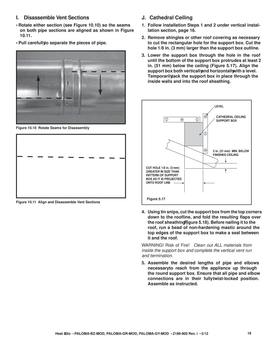 Heat & Glo LifeStyle PALOMA-BZ-MOD owner manual Disassemble Vent Sections, Cathedral Ceiling 