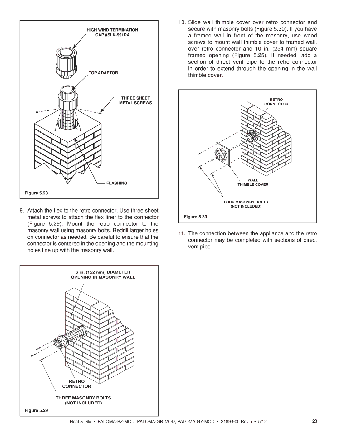 Heat & Glo LifeStyle PALOMA-BZ-MOD owner manual Opening in Masonry Wall 