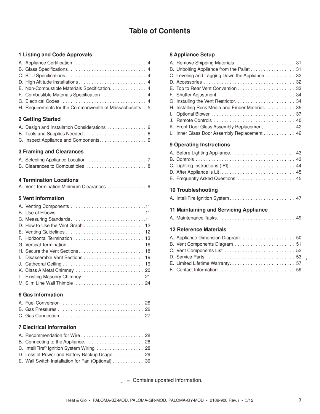 Heat & Glo LifeStyle PALOMA-BZ-MOD owner manual Table of Contents 