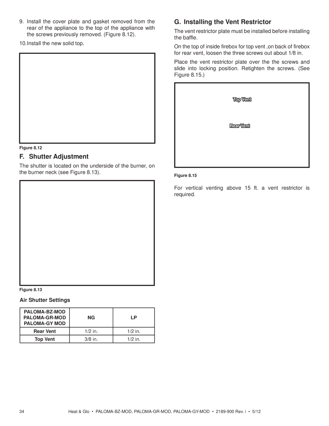 Heat & Glo LifeStyle PALOMA-BZ-MOD owner manual Shutter Adjustment, Installing the Vent Restrictor, Air Shutter Settings 