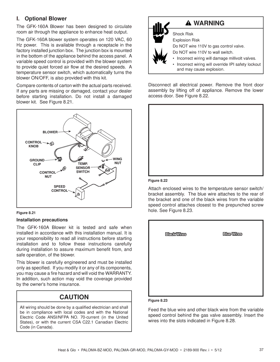 Heat & Glo LifeStyle PALOMA-BZ-MOD owner manual Optional Blower, Installation precautions 