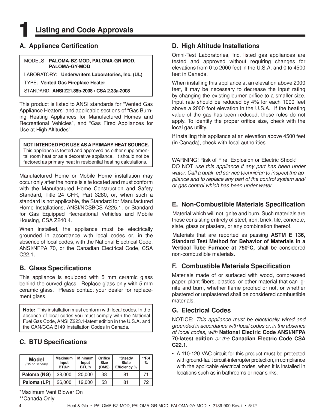 Heat & Glo LifeStyle PALOMA-BZ-MOD owner manual Listing and Code Approvals 