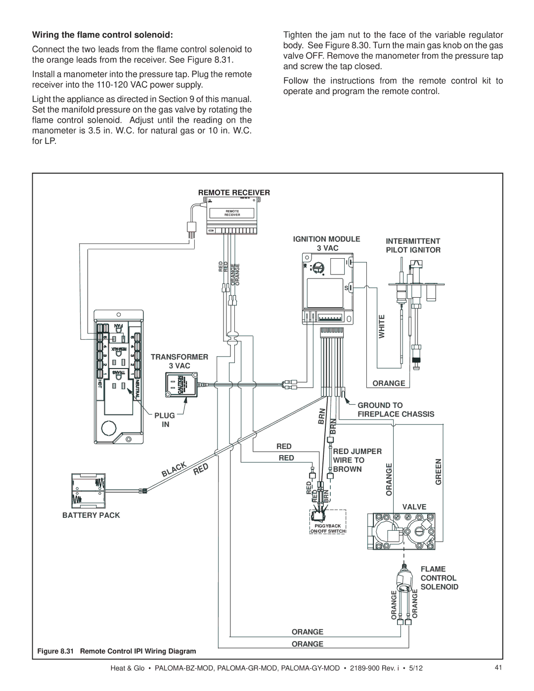 Heat & Glo LifeStyle PALOMA-BZ-MOD owner manual Wiring the flame control solenoid, Red 