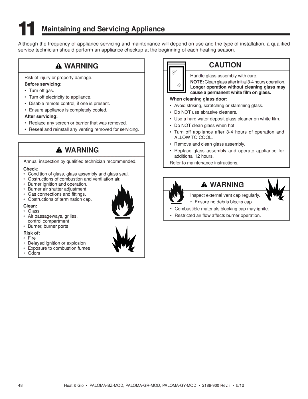 Heat & Glo LifeStyle PALOMA-BZ-MOD owner manual Maintaining and Servicing Appliance, Before servicing 