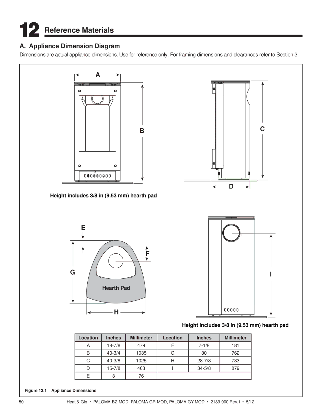 Heat & Glo LifeStyle PALOMA-BZ-MOD owner manual Reference Materials, Appliance Dimension Diagram, Hearth Pad 