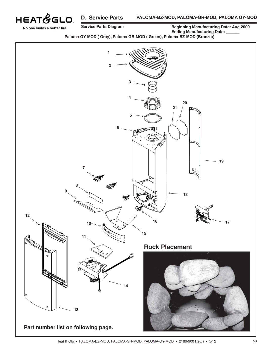 Heat & Glo LifeStyle PALOMA-BZ-MOD owner manual Rock Placement, Service Parts, Part number list on following 