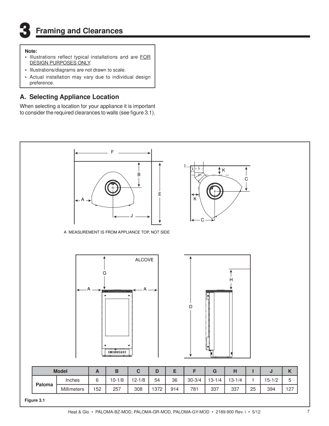 Heat & Glo LifeStyle PALOMA-BZ-MOD owner manual Framing and Clearances, Selecting Appliance Location 