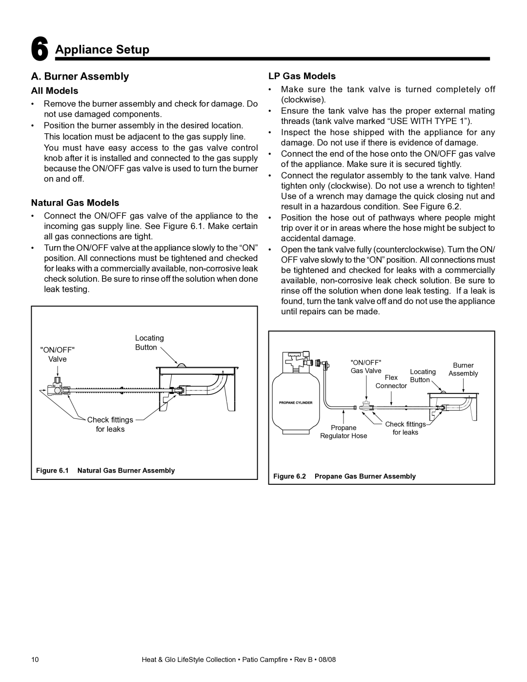 Heat & Glo LifeStyle PCFML-HNG, PCFM-HNG Appliance Setup, Burner Assembly, All Models, Natural Gas Models, LP Gas Models 