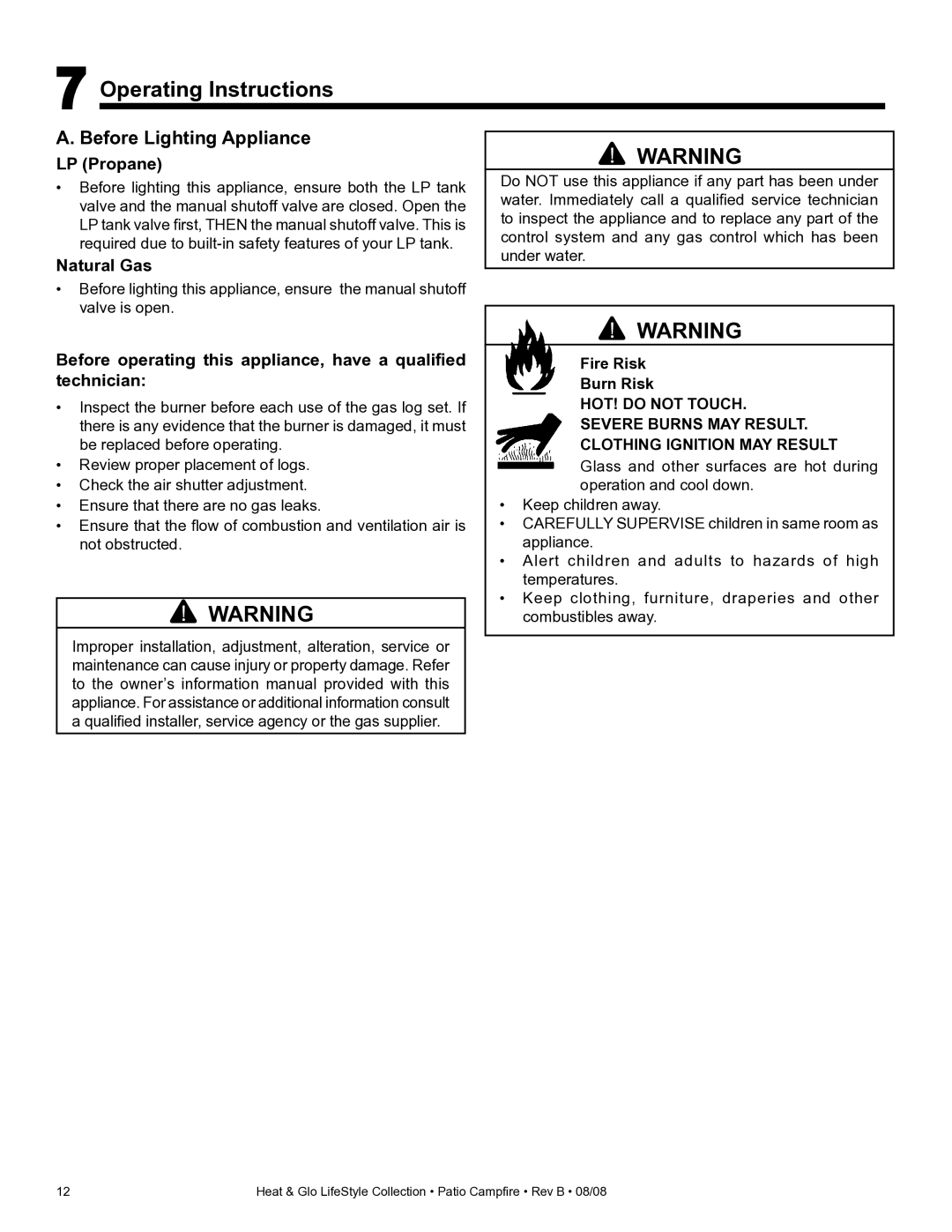 Heat & Glo LifeStyle PCFML-HNG, PCFM-HNG Operating Instructions, Before Lighting Appliance, LP Propane, Natural Gas 