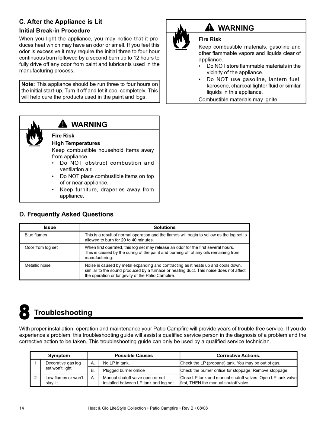 Heat & Glo LifeStyle PCFML-HNG, PCFM-HNG Troubleshooting, After the Appliance is Lit, Frequently Asked Questions 