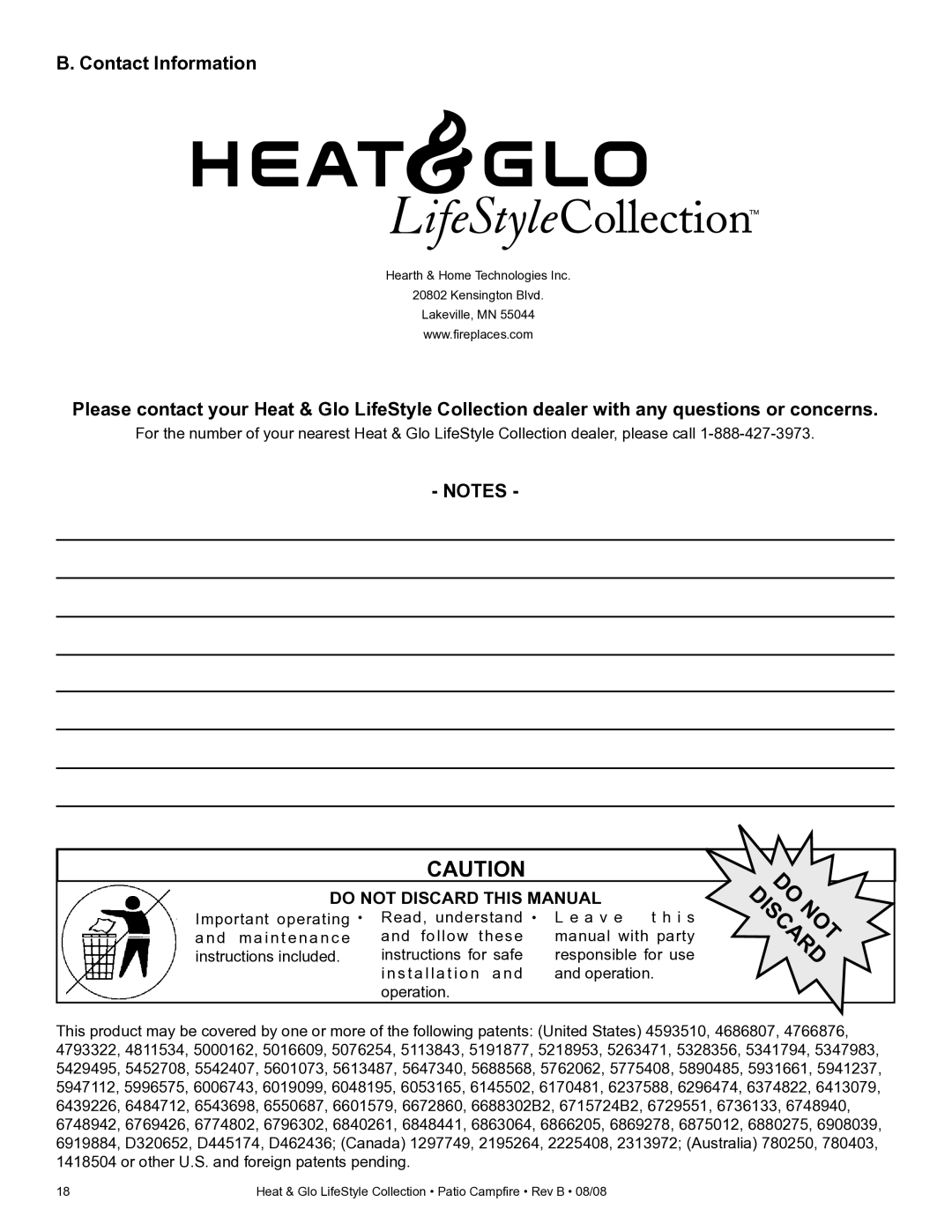 Heat & Glo LifeStyle PCFML-HNG, PCFM-HNG owner manual Contact Information, Do Discardnot 