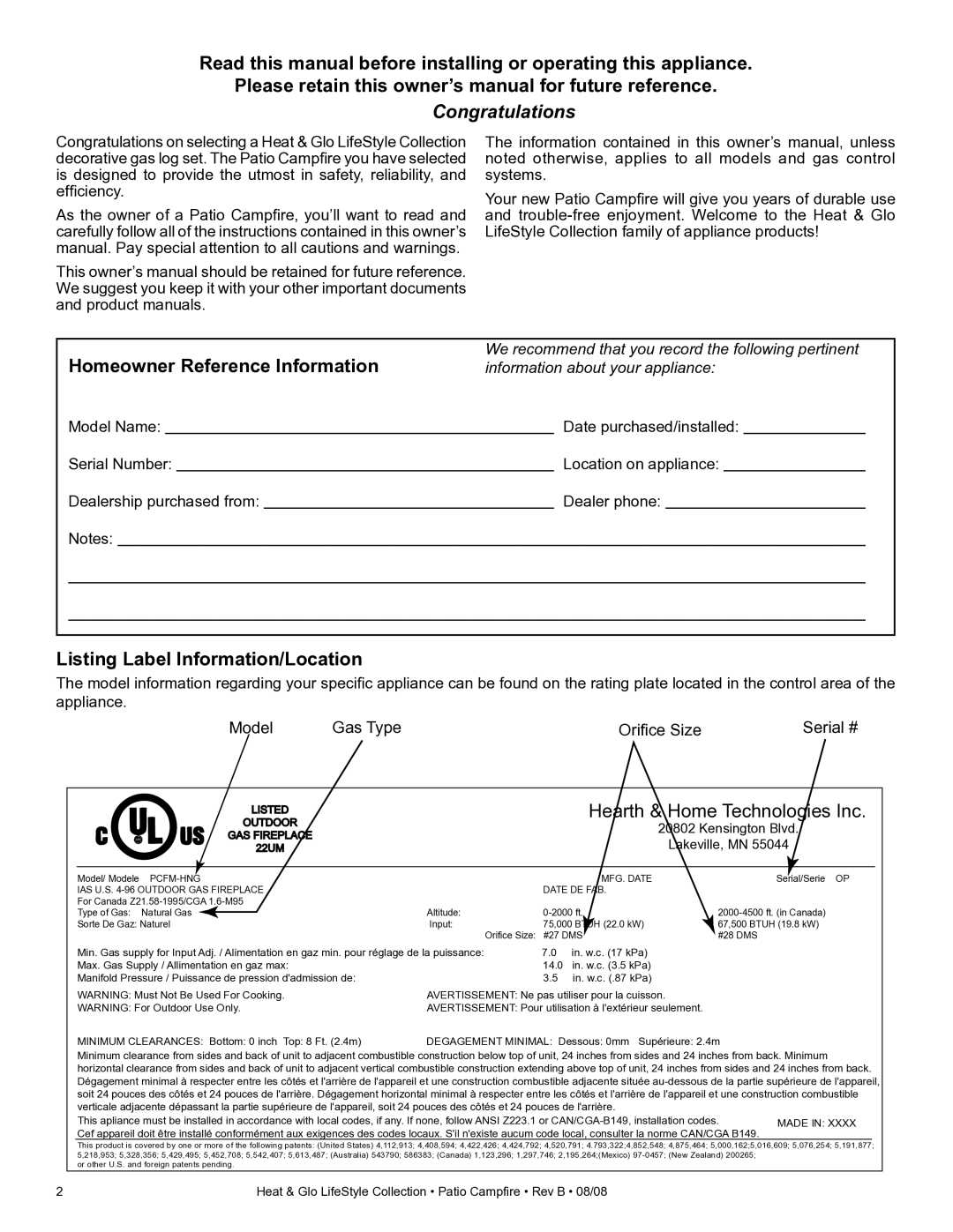 Heat & Glo LifeStyle PCFML-HNG, PCFM-HNG owner manual Congratulations, Listing Label Information/Location 