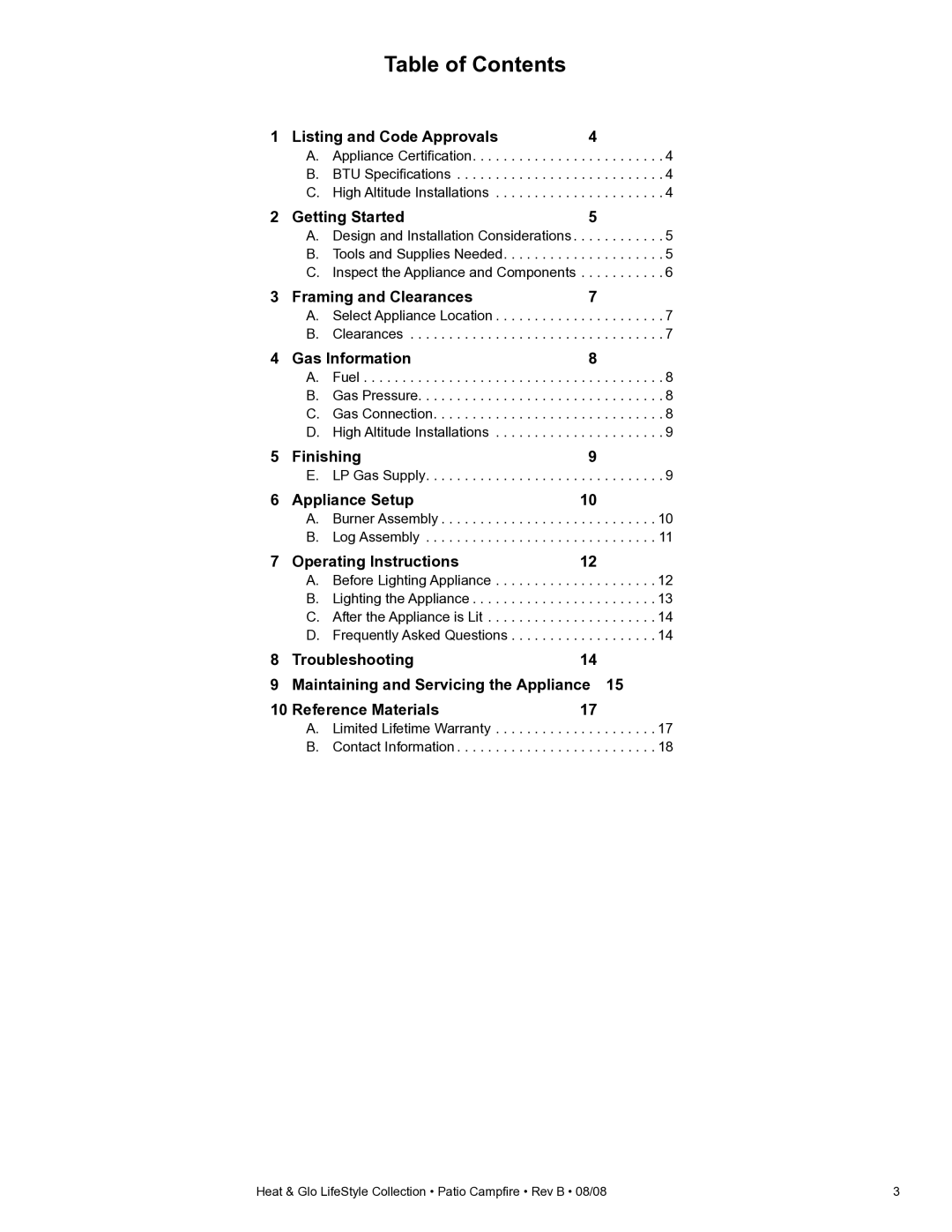 Heat & Glo LifeStyle PCFM-HNG, PCFML-HNG owner manual Table of Contents 