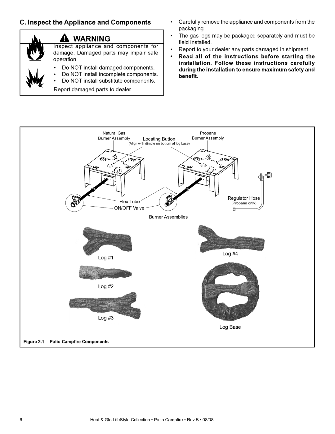 Heat & Glo LifeStyle PCFML-HNG, PCFM-HNG owner manual Inspect the Appliance and Components, Patio Campﬁre Components 