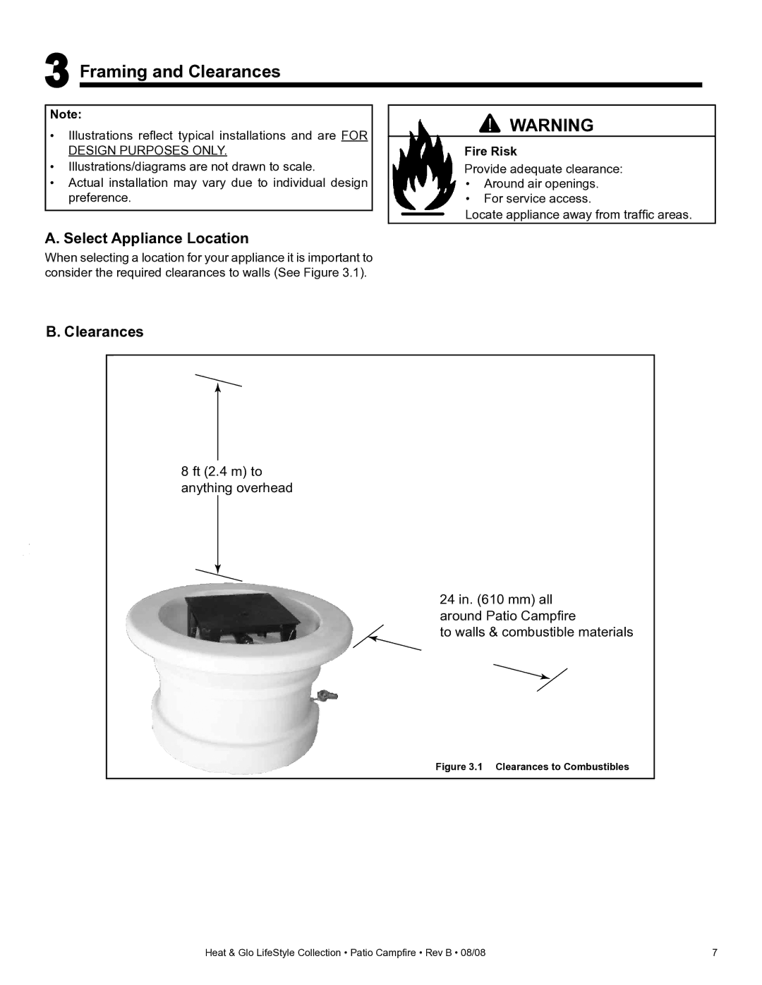 Heat & Glo LifeStyle PCFM-HNG, PCFML-HNG owner manual Framing and Clearances, Select Appliance Location, Fire Risk 