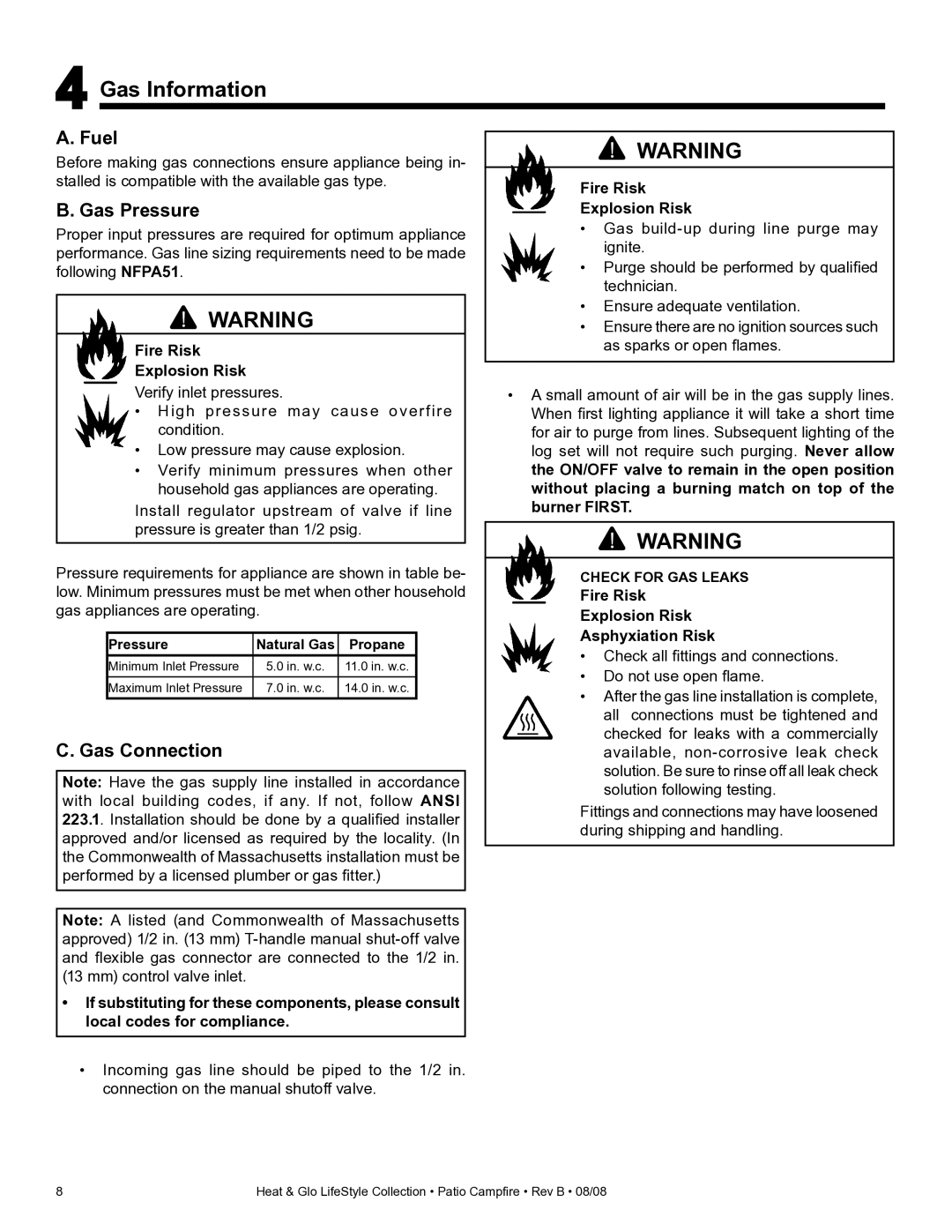 Heat & Glo LifeStyle PCFML-HNG, PCFM-HNG owner manual Gas Information, Fuel, Gas Pressure, Gas Connection 