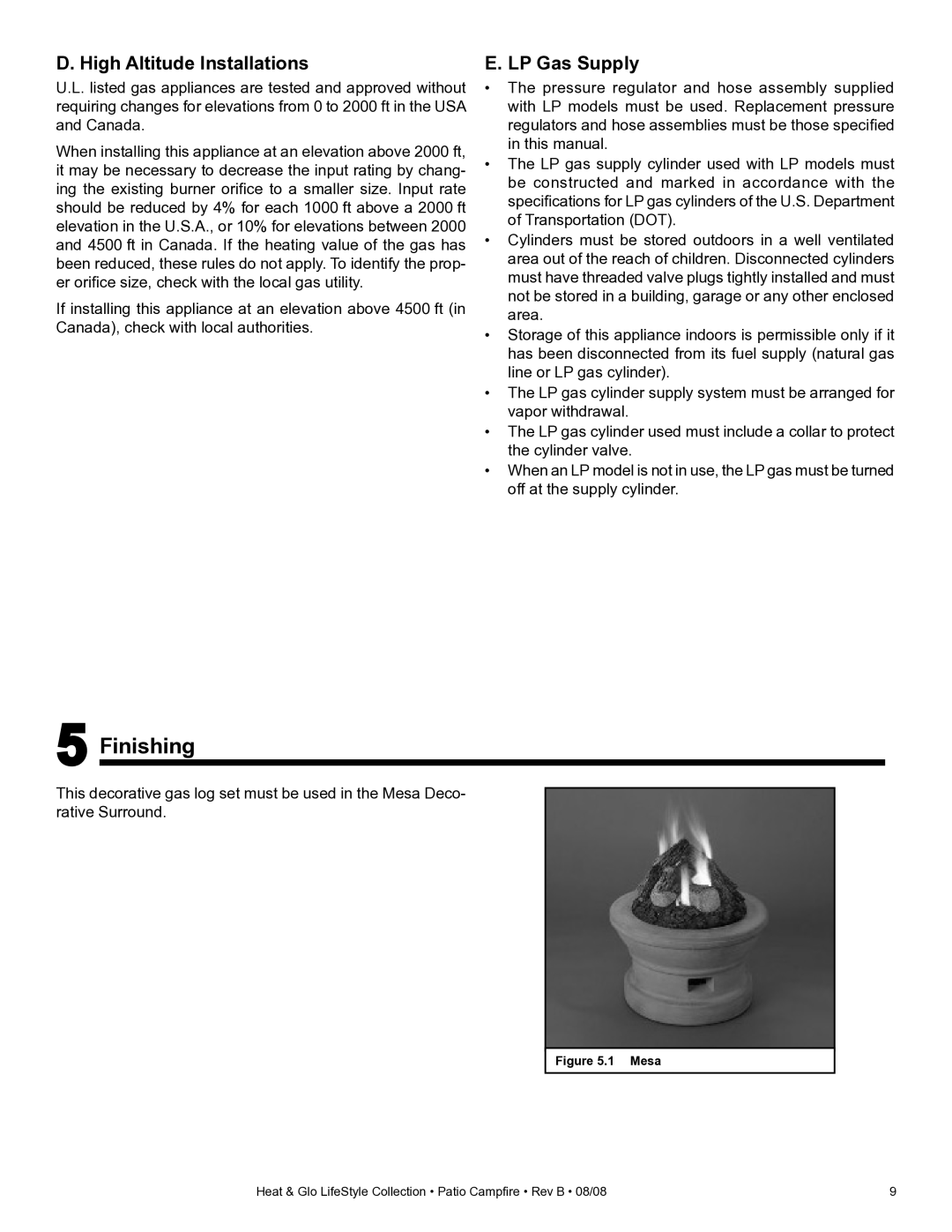 Heat & Glo LifeStyle PCFM-HNG, PCFML-HNG owner manual Finishing, LP Gas Supply 